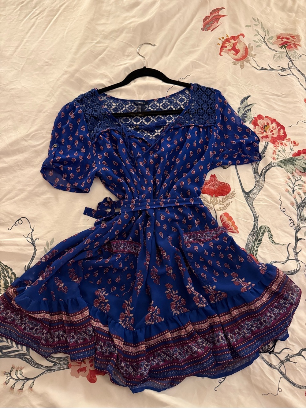 Women’s Blue Floral Lace-Trim Dress